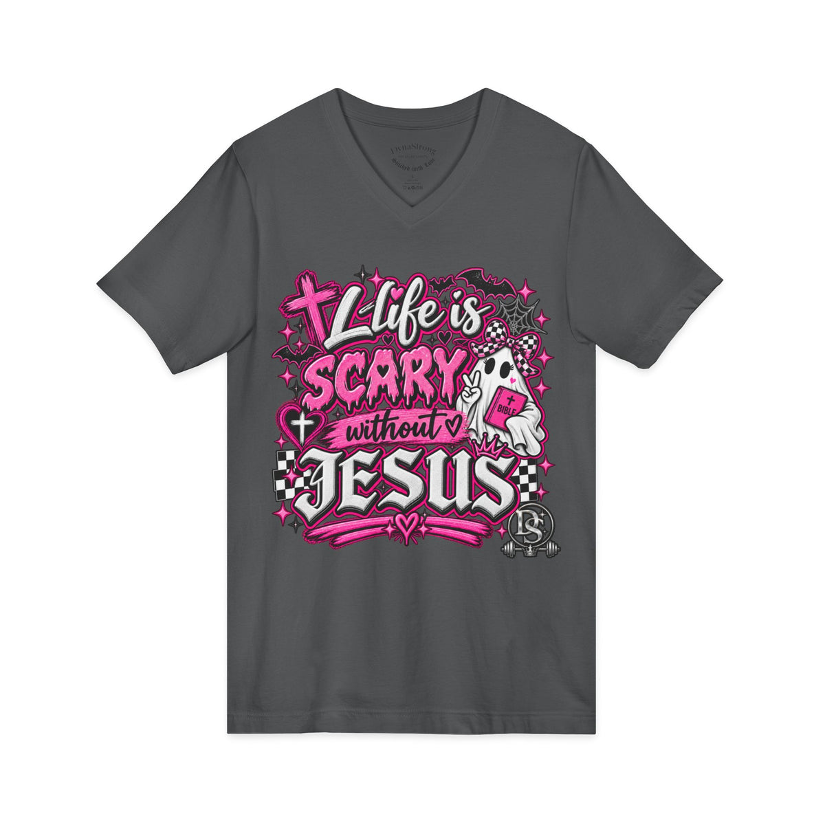 Life Is Scary Without Jesus V-Neck Tee — Womens Faith Graphic T-Shirt