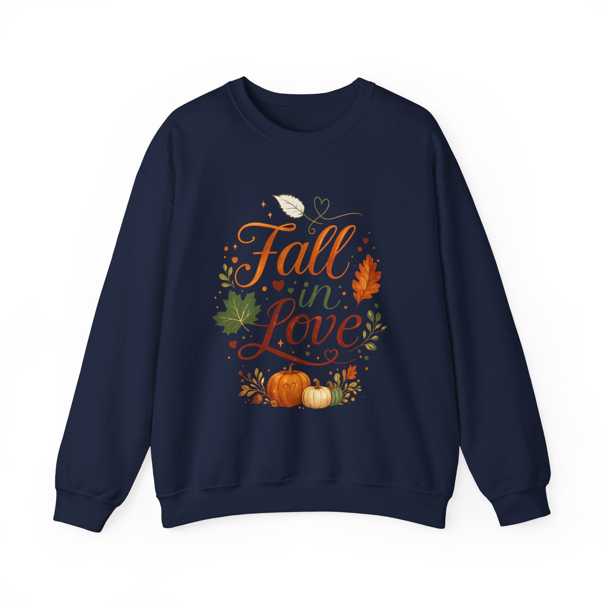 Fall in Love Sweatshirt — Autumn Pumpkin & Leaves Cozy Crewneck
