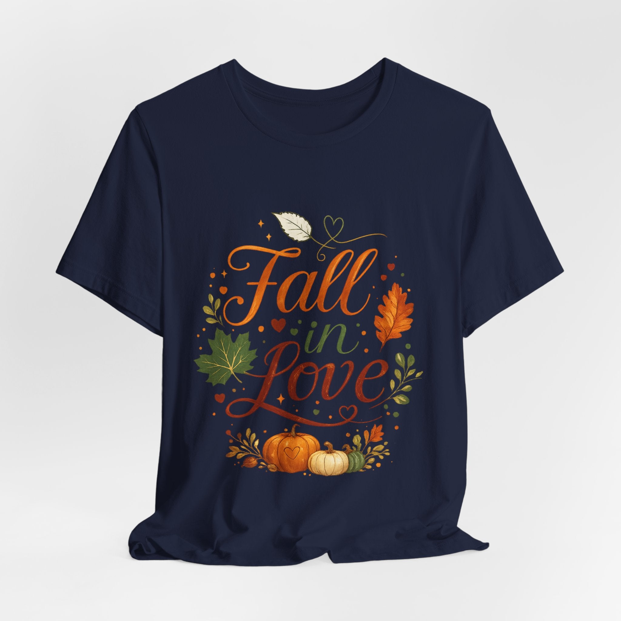 Fall in Love Tee — Autumn Pumpkin & Leaves Graphic Shirt