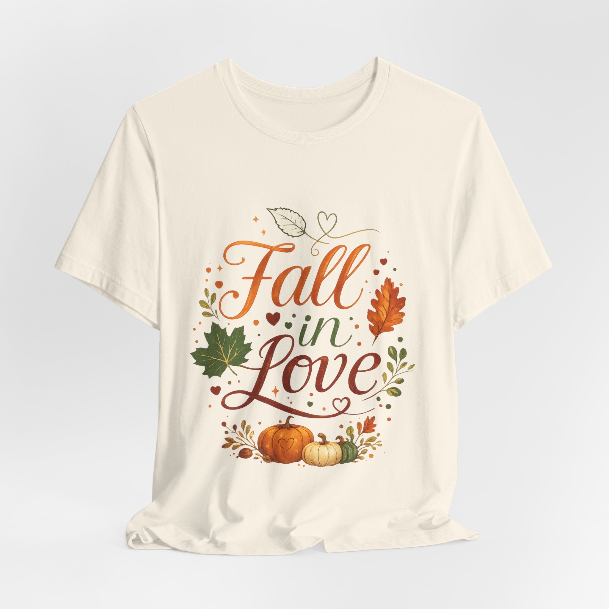 Fall in Love Tee — Autumn Pumpkin & Leaves Graphic Shirt