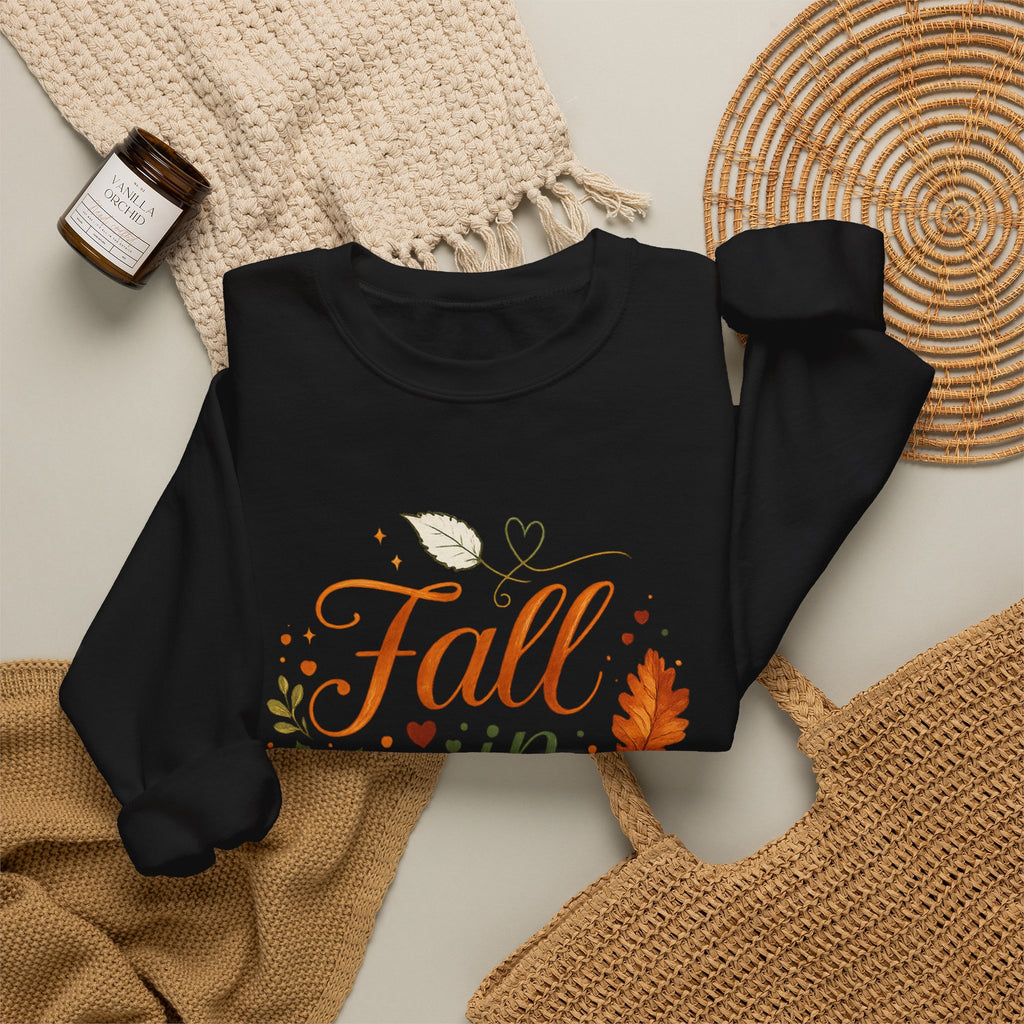 Fall in Love Sweatshirt — Autumn Pumpkin & Leaves Cozy Crewneck