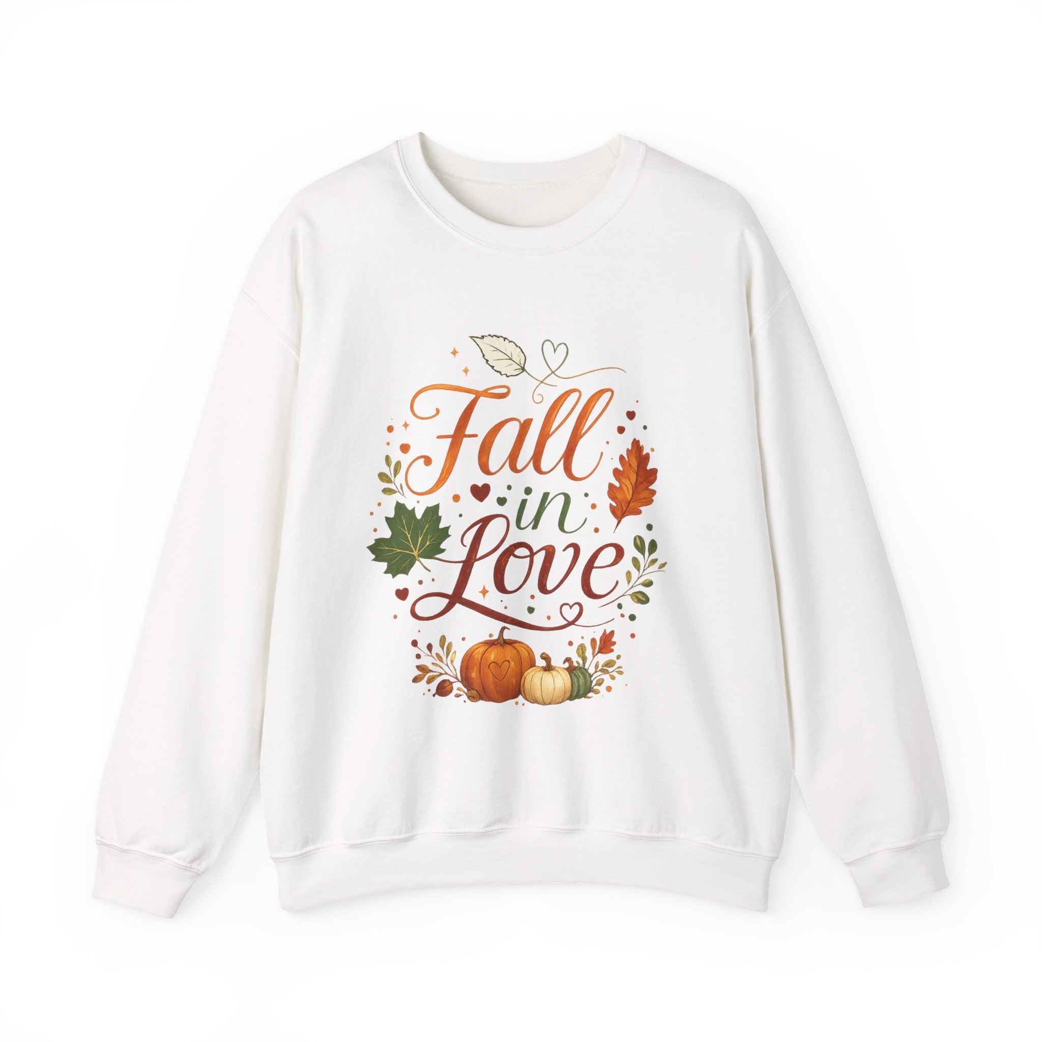 Fall in Love Sweatshirt — Autumn Pumpkin & Leaves Cozy Crewneck