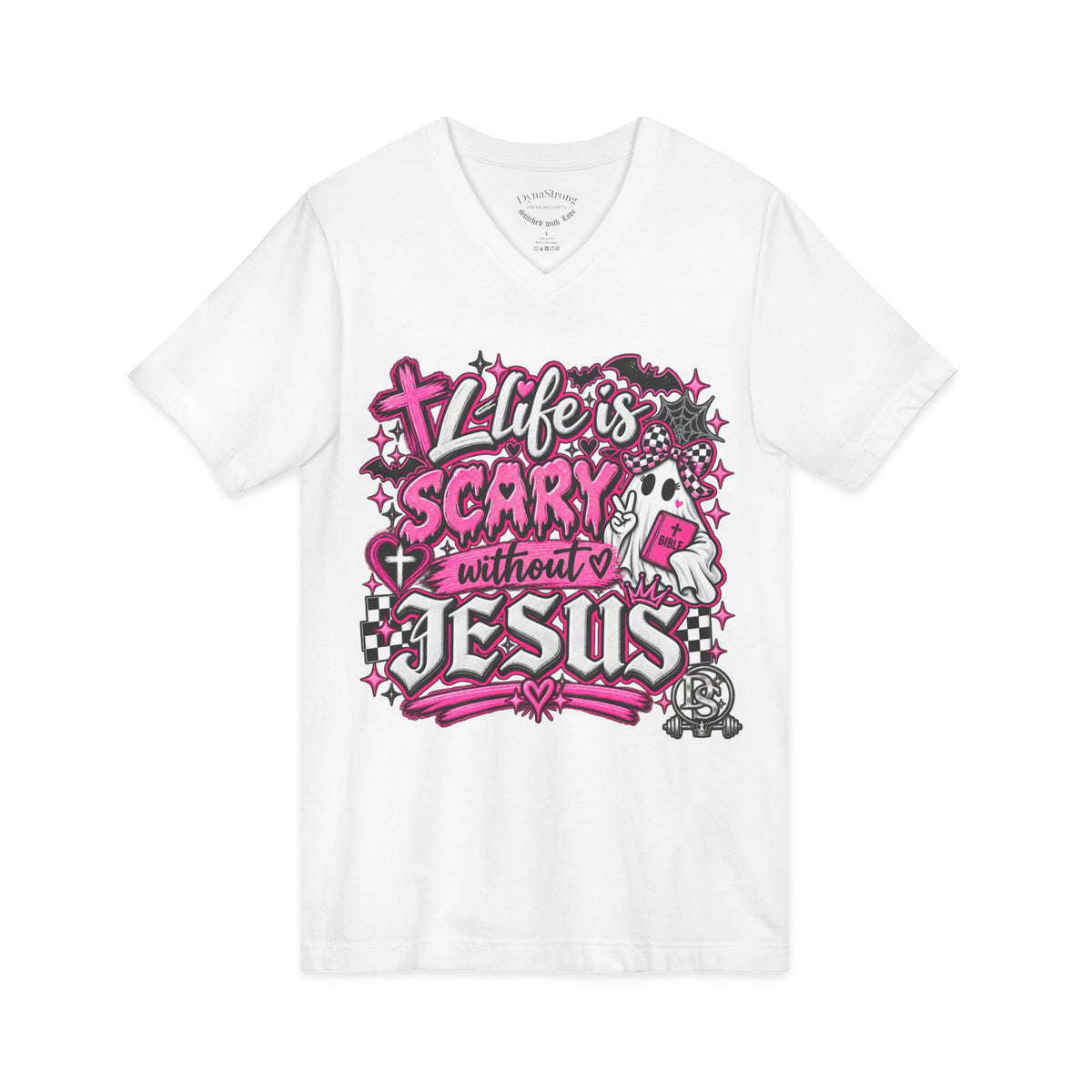 Life Is Scary Without Jesus V-Neck Tee — Womens Faith Graphic T-Shirt