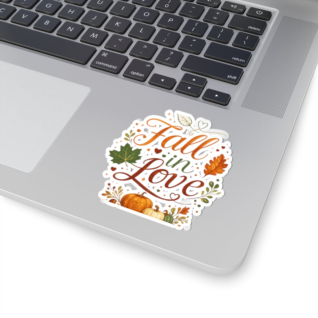 Fall in Love Autumn Sticker — Pumpkin & Leaf Kiss-Cut Decal