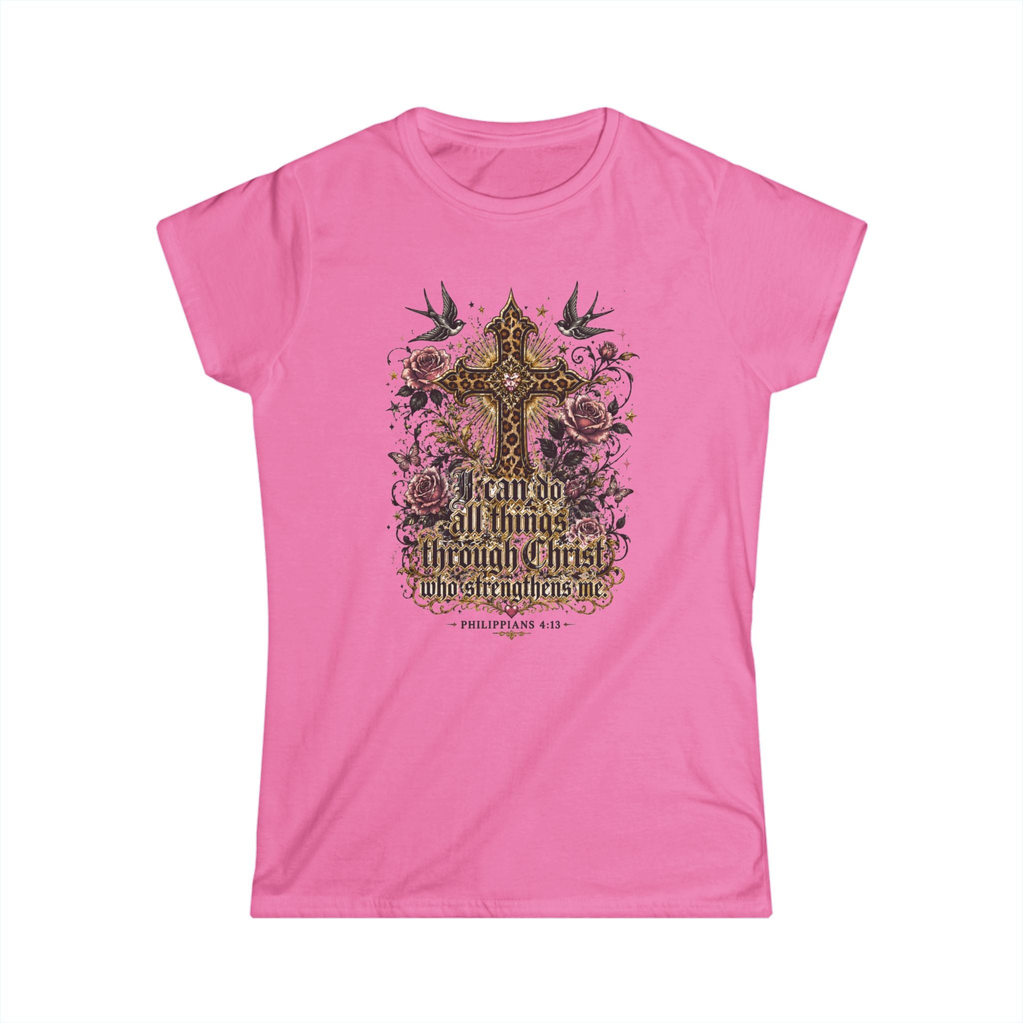 Women’s Softstyle "Strengthens Me" Philippians 4:13 Inspirational T-Shirt – Azalea Pink, Baby Blue, or Black
