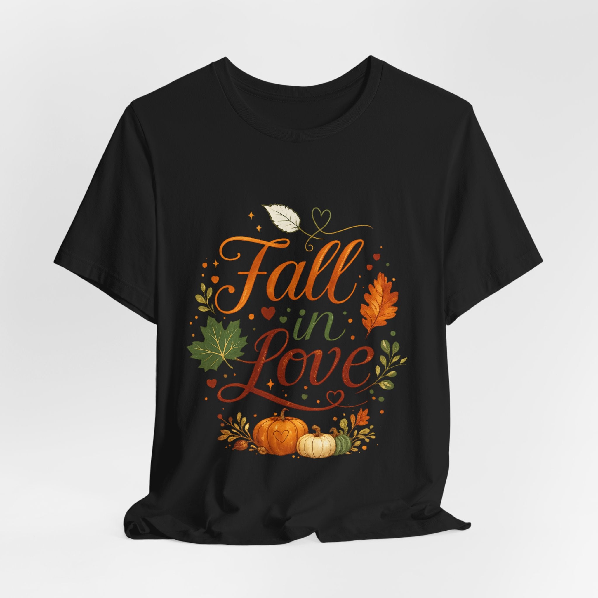 Fall in Love Tee — Autumn Pumpkin & Leaves Graphic Shirt