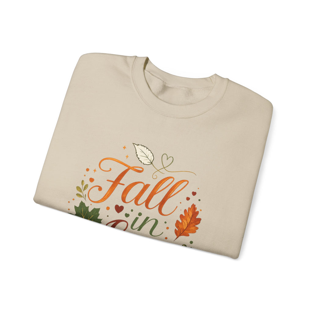 Fall in Love Sweatshirt — Autumn Pumpkin & Leaves Cozy Crewneck