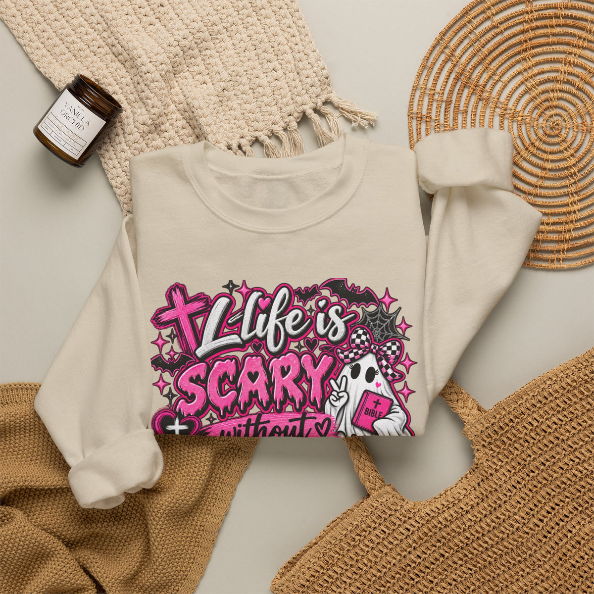 Life Is Scary Without Jesus Christian Crewneck Sweatshirt