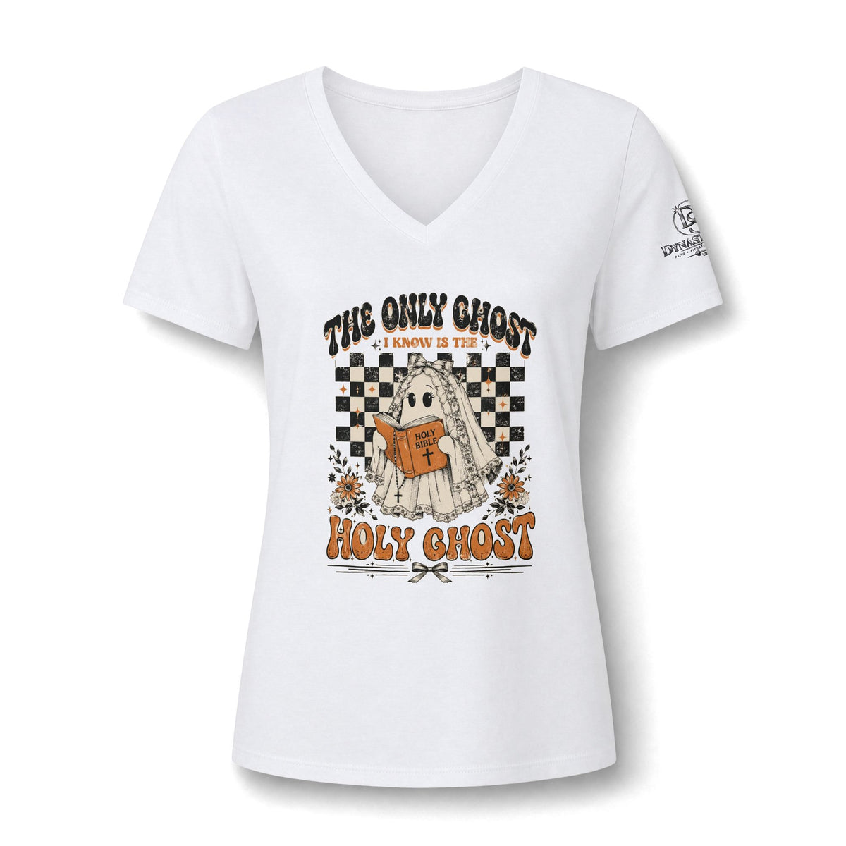 Women's V-Neck Tee — 'The Only Ghost I Follow Is The Holy Ghost' Vintage Halloween Graphic