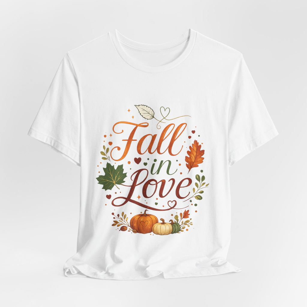 Fall in Love Tee — Autumn Pumpkin & Leaves Graphic Shirt