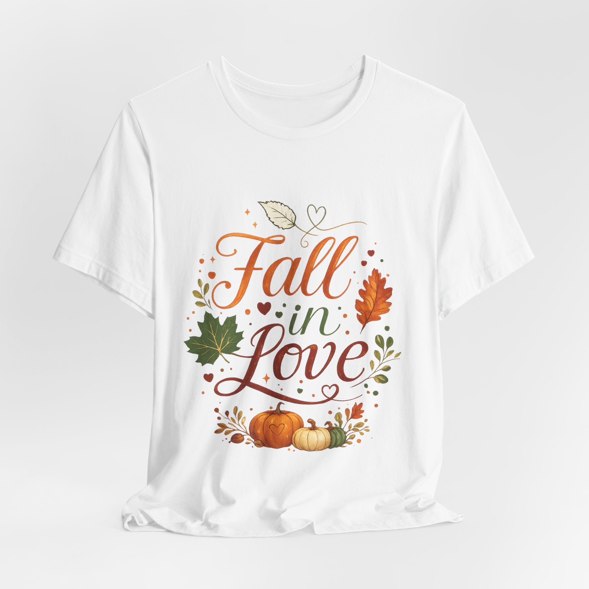 Fall in Love Tee — Autumn Pumpkin & Leaves Graphic Shirt