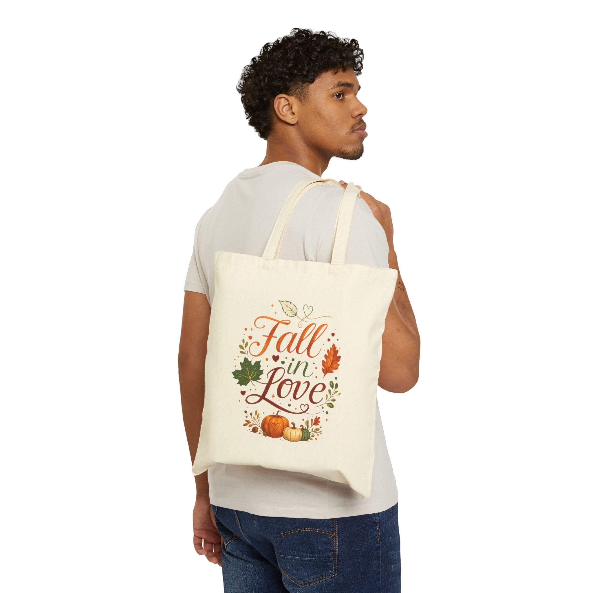 Fall in Love Canvas Tote — Autumn Pumpkin Leaves Grocery & Market Bag
