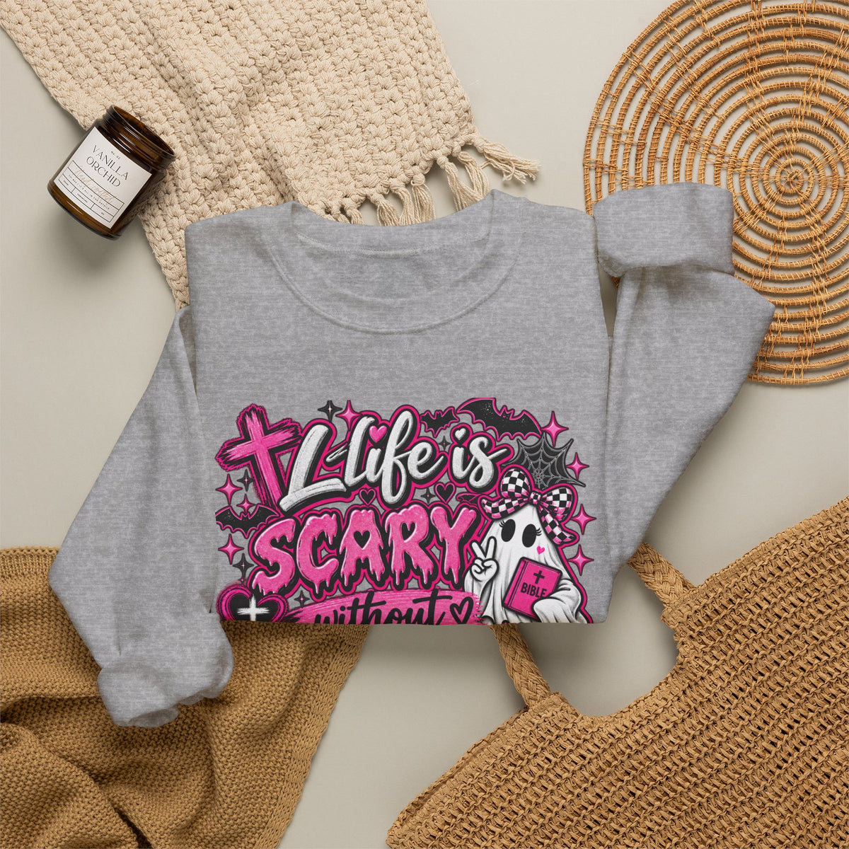 Life Is Scary Without Jesus Christian Crewneck Sweatshirt
