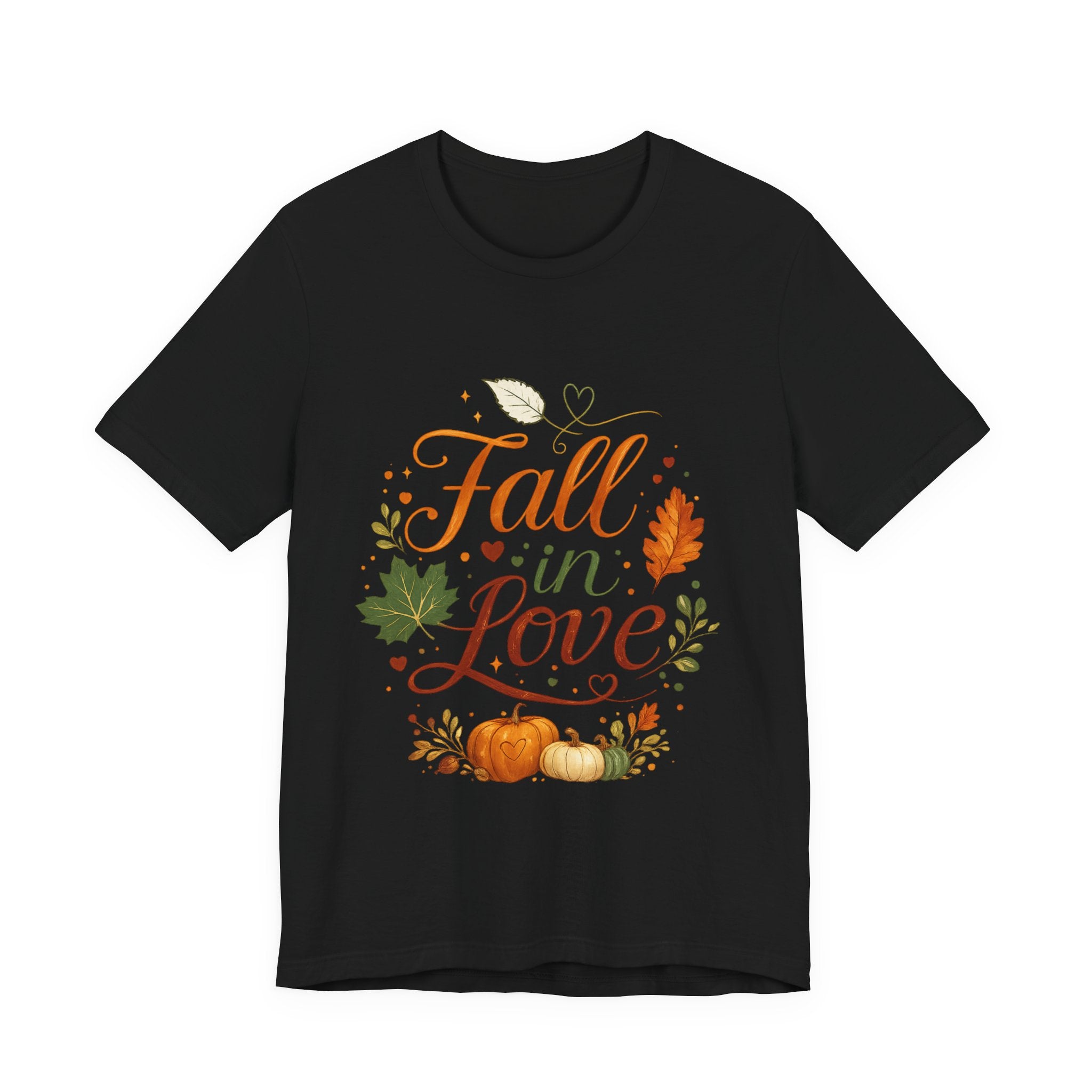 Fall in Love Tee — Autumn Pumpkin & Leaves Graphic Shirt