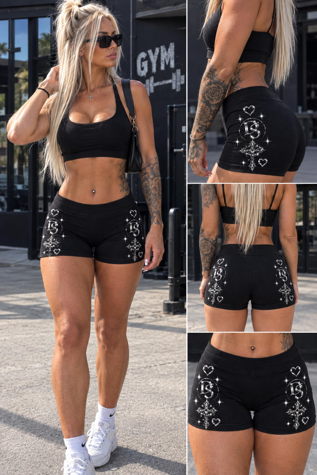 Black Shimmer Heart & Star Women's Athletic Shorts