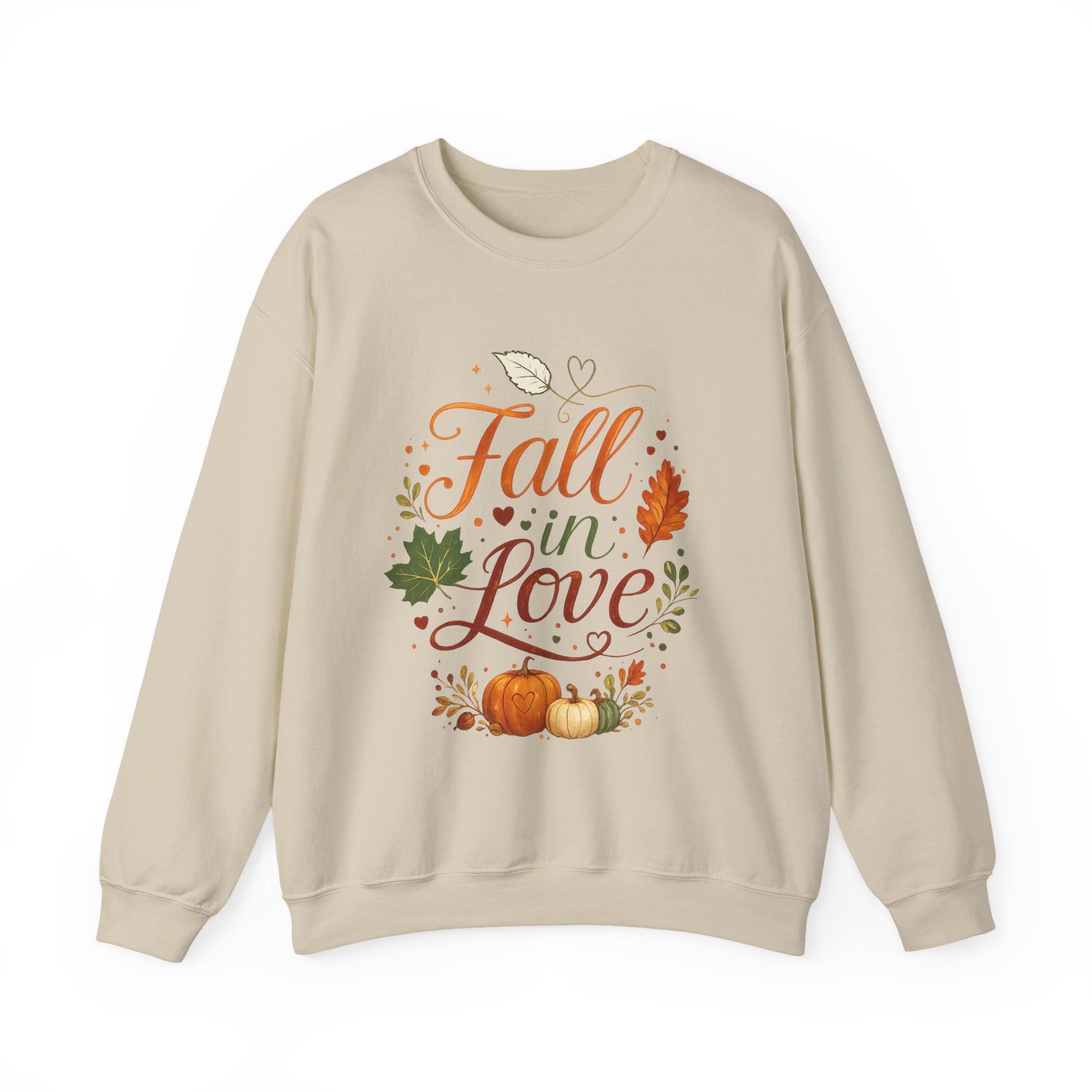 Fall in Love Sweatshirt — Autumn Pumpkin & Leaves Cozy Crewneck