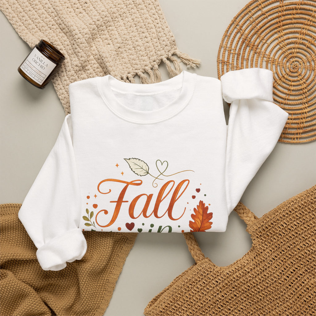 Fall in Love Sweatshirt — Autumn Pumpkin & Leaves Cozy Crewneck