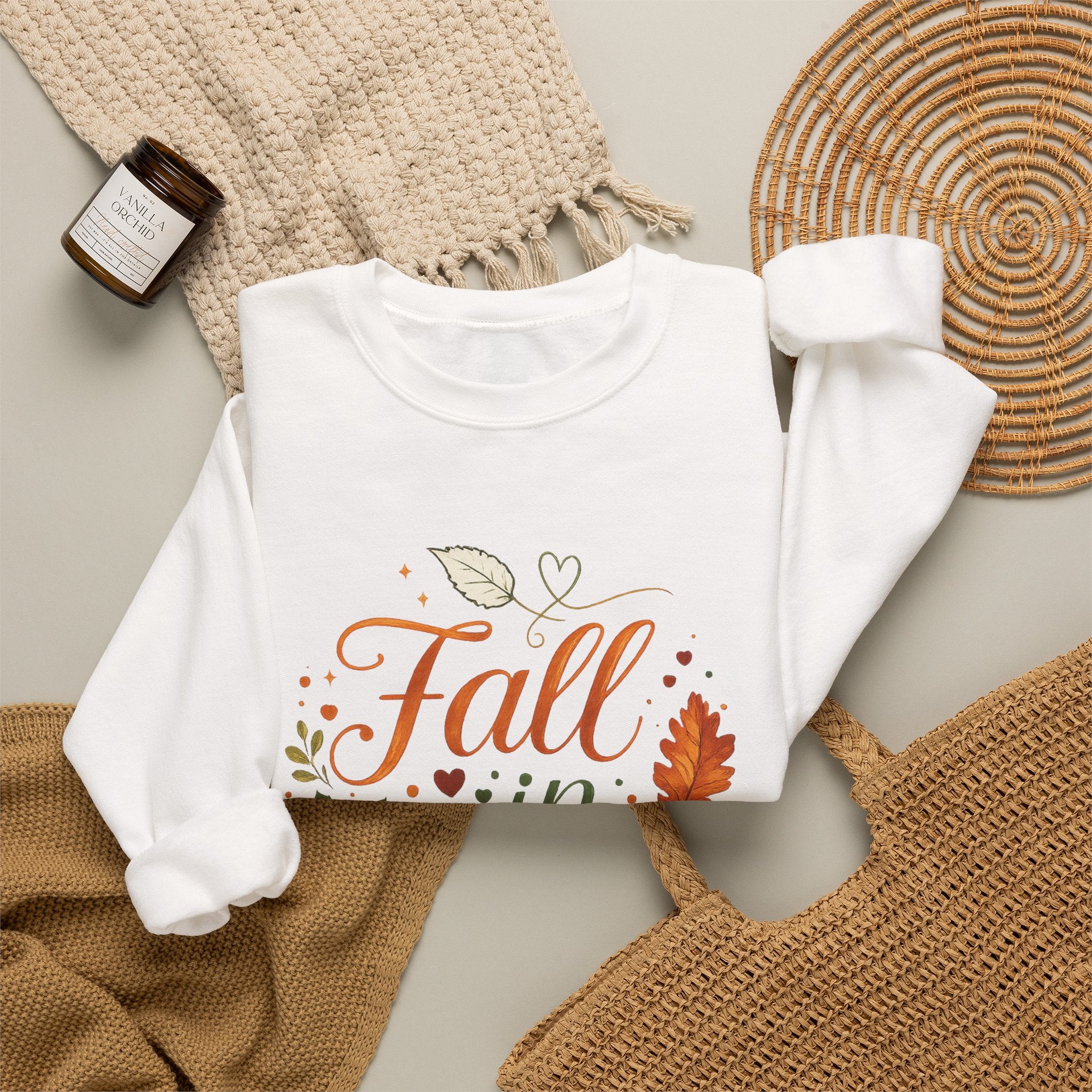 Fall in Love Sweatshirt — Autumn Pumpkin & Leaves Cozy Crewneck