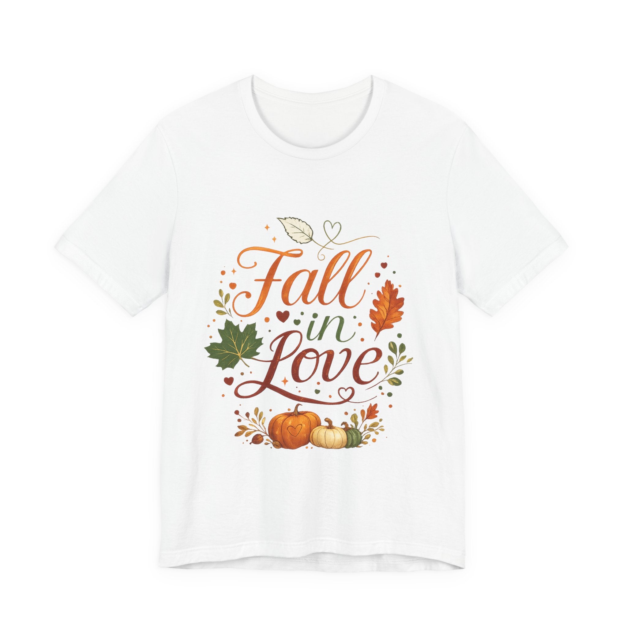 Fall in Love Tee — Autumn Pumpkin & Leaves Graphic Shirt