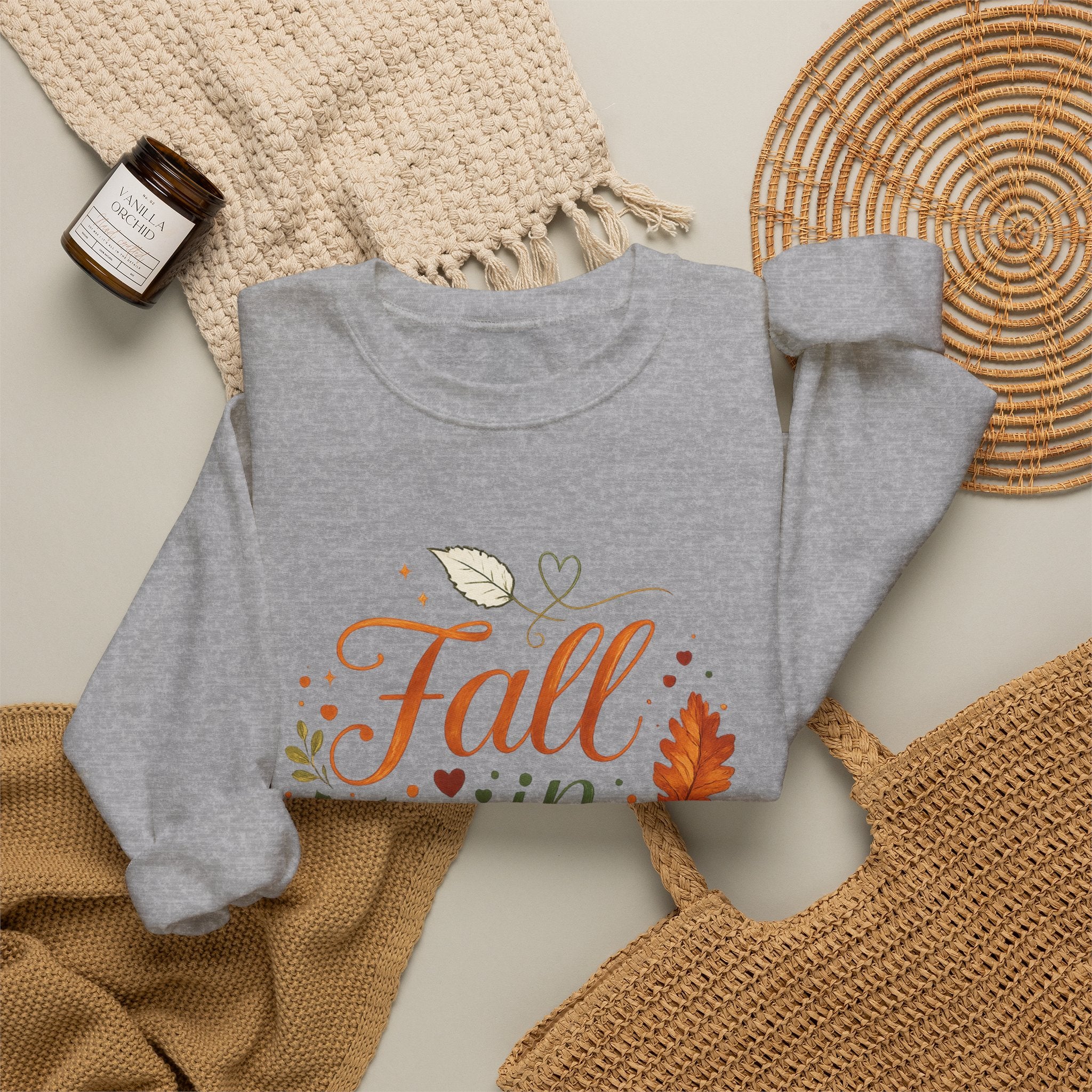 Fall in Love Sweatshirt — Autumn Pumpkin & Leaves Cozy Crewneck