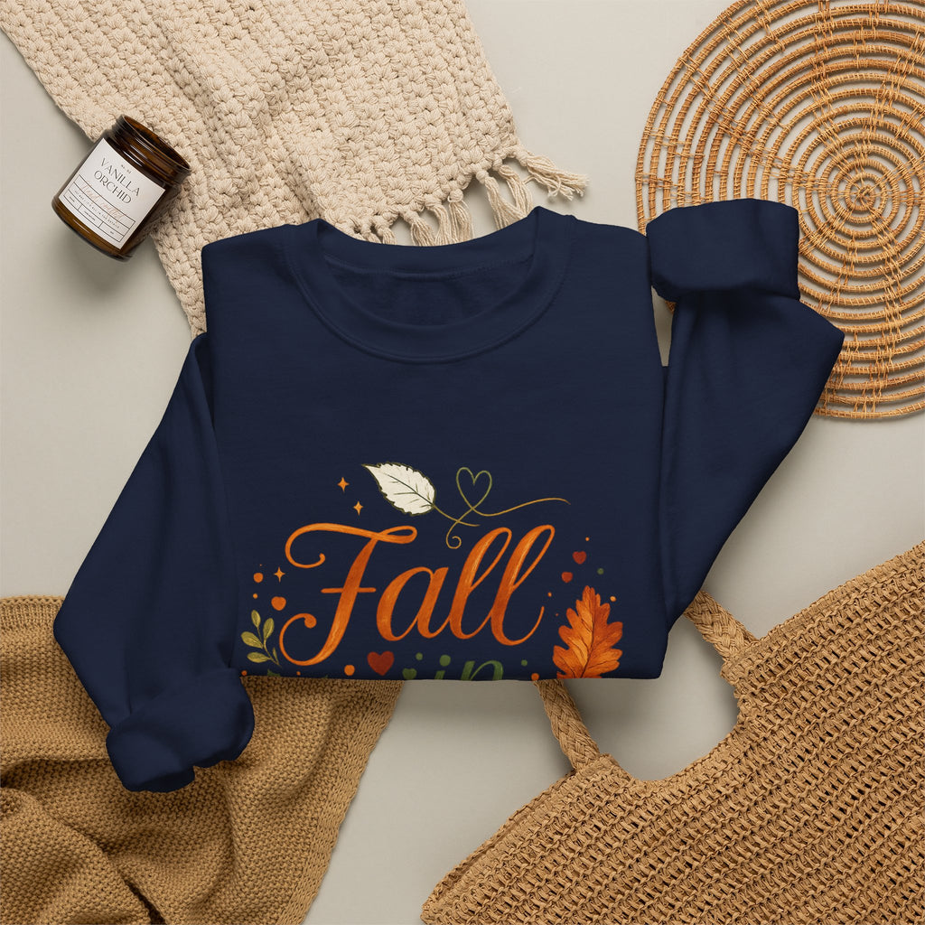 Fall in Love Sweatshirt — Autumn Pumpkin & Leaves Cozy Crewneck