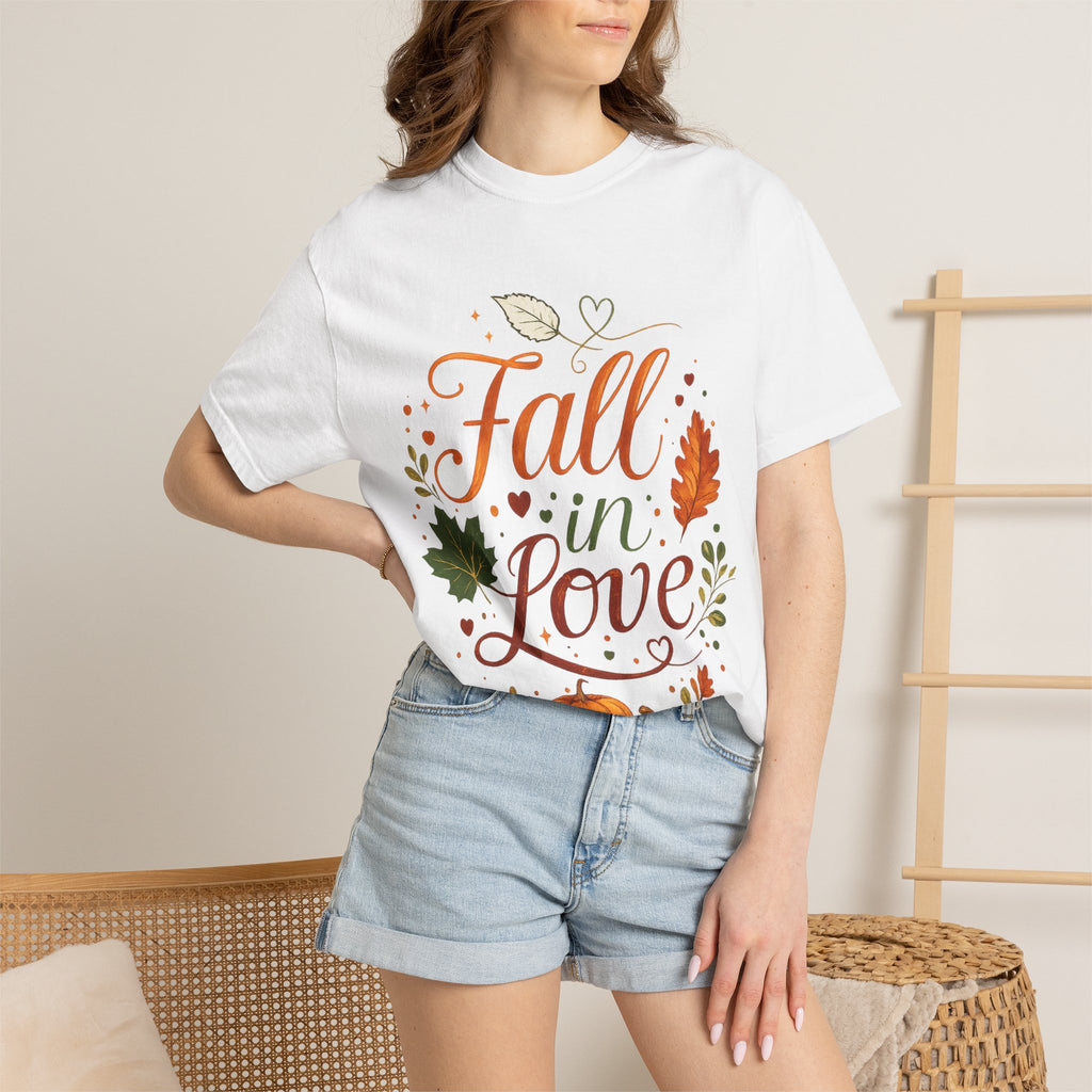Fall in Love T-Shirt — Autumn Pumpkin & Leaves Graphic Tee