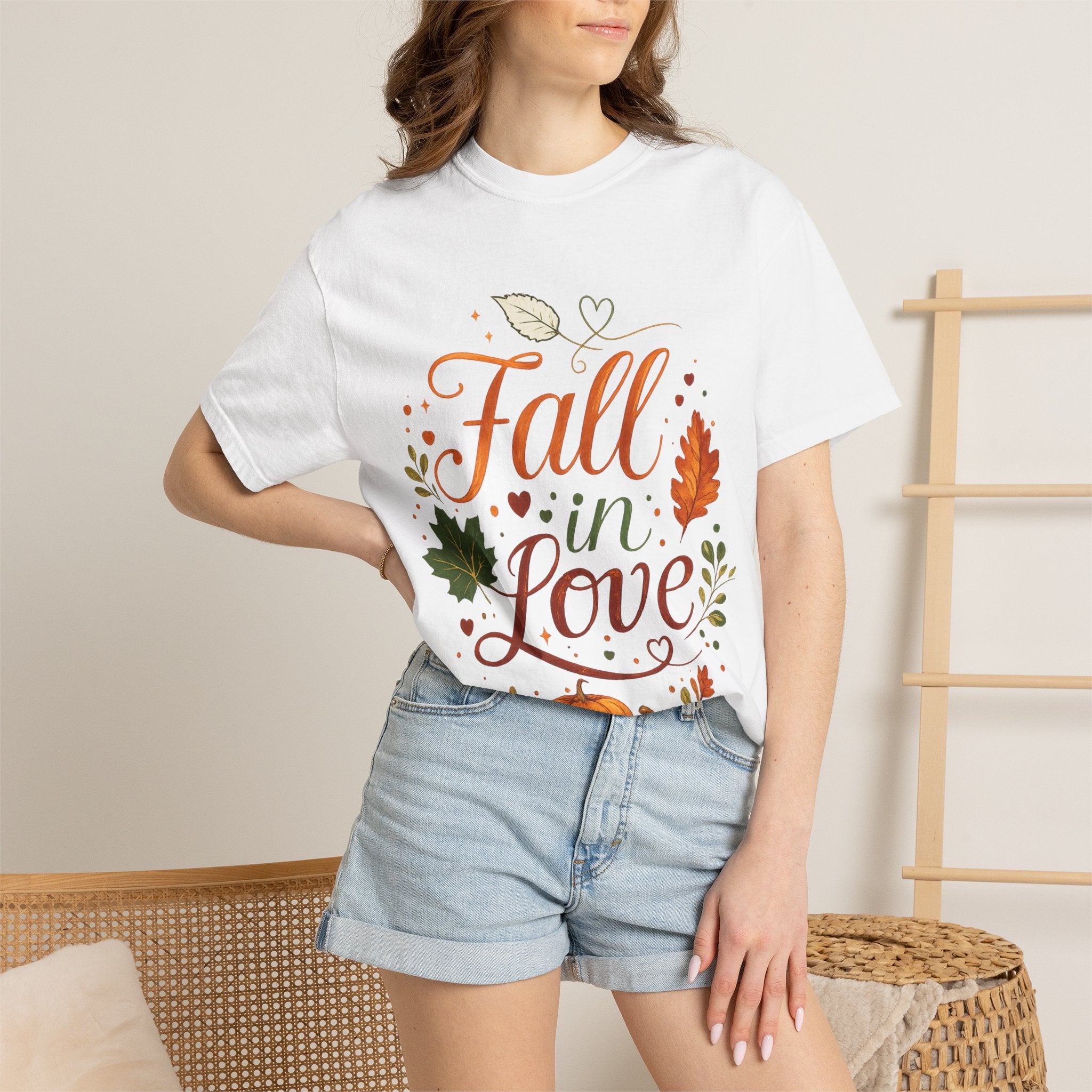Fall in Love T-Shirt — Autumn Pumpkin & Leaves Graphic Tee