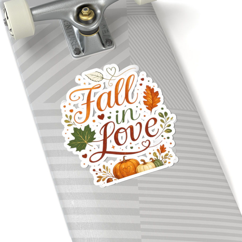 Fall in Love Autumn Sticker — Pumpkin & Leaf Kiss-Cut Decal