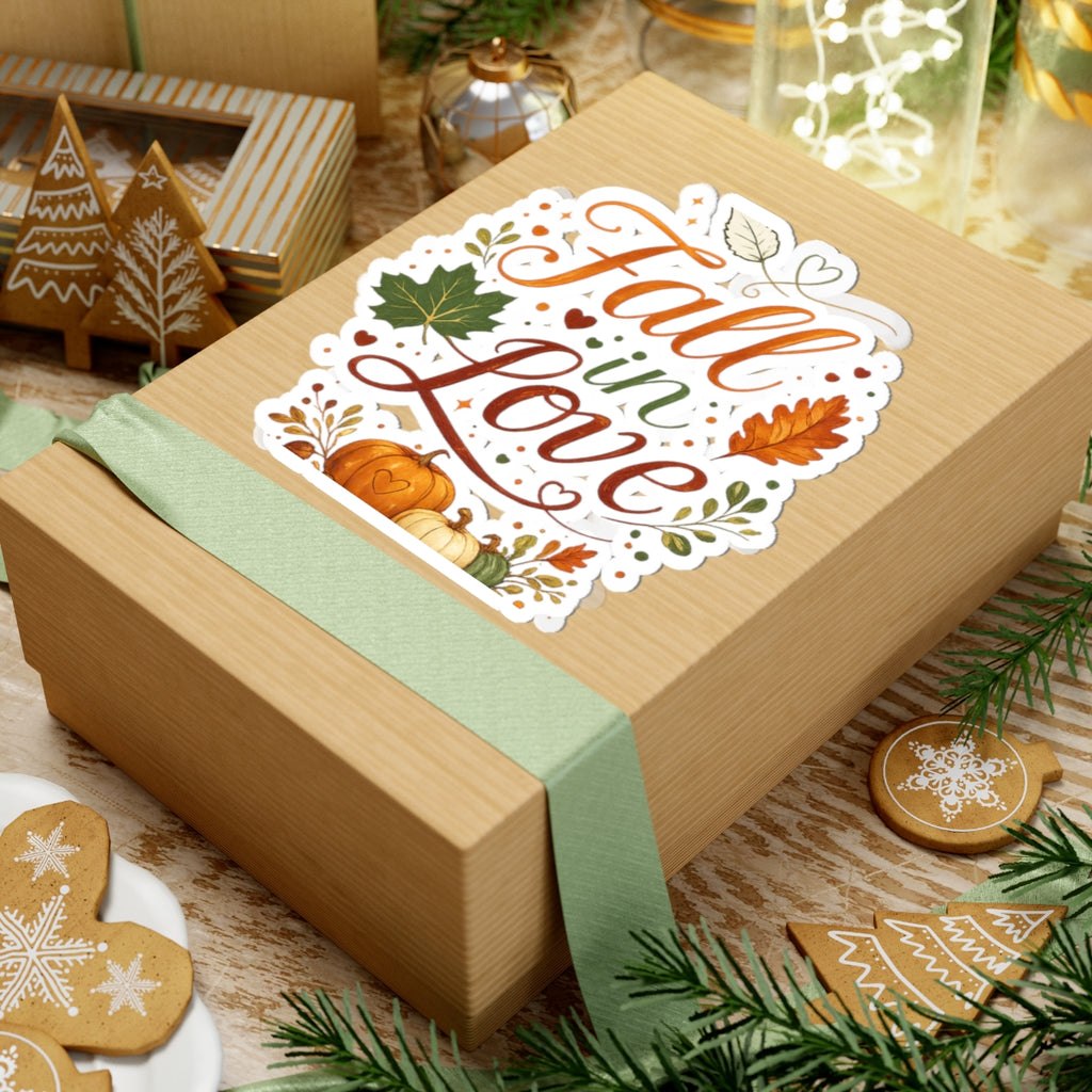 Fall in Love Autumn Sticker — Pumpkin & Leaf Kiss-Cut Decal