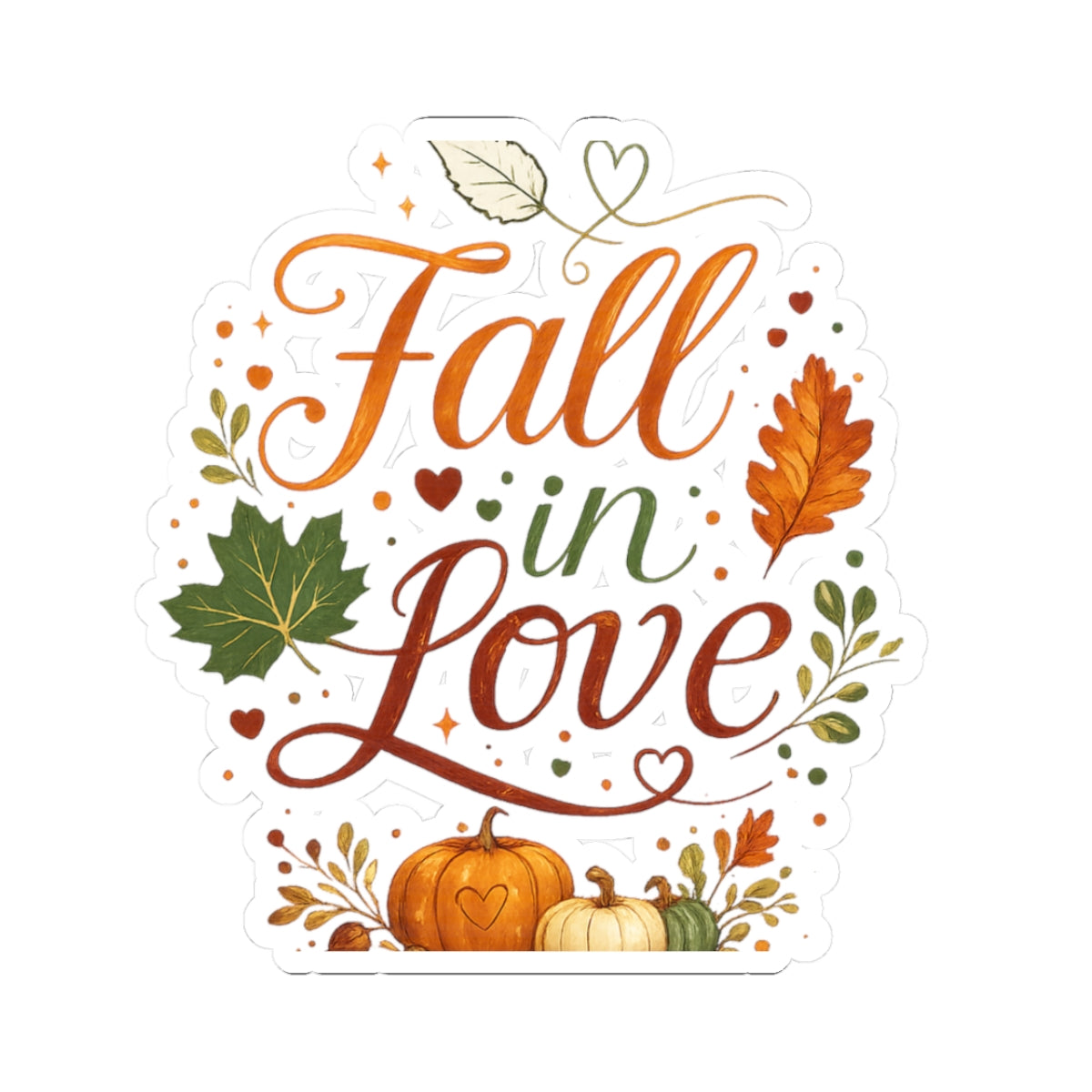 Fall in Love Autumn Sticker — Pumpkin & Leaf Kiss-Cut Decal