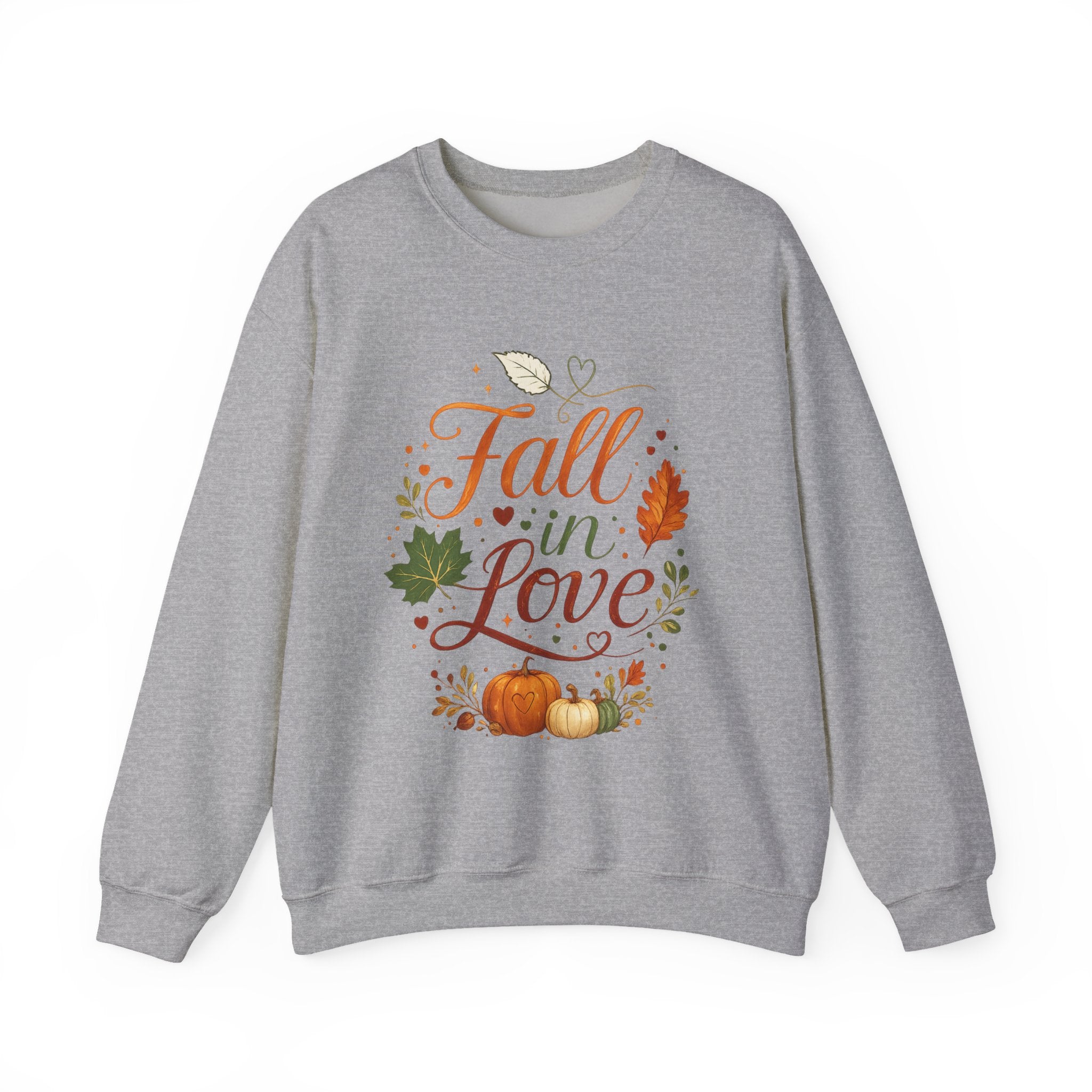 Fall in Love Sweatshirt — Autumn Pumpkin & Leaves Cozy Crewneck