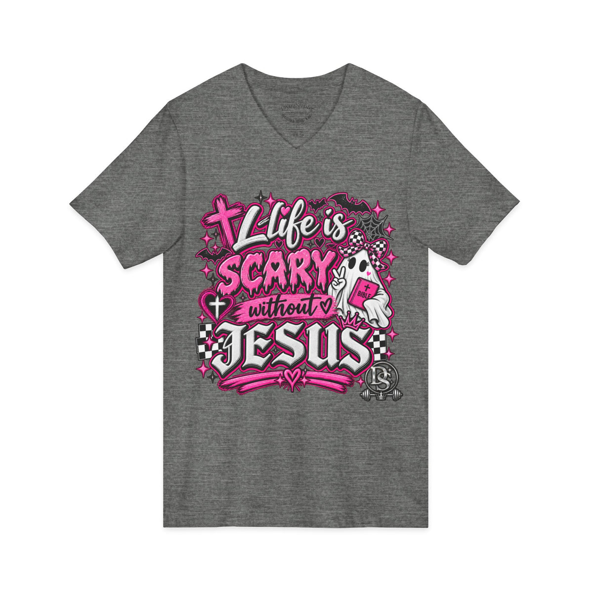 Life Is Scary Without Jesus V-Neck Tee — Womens Faith Graphic T-Shirt