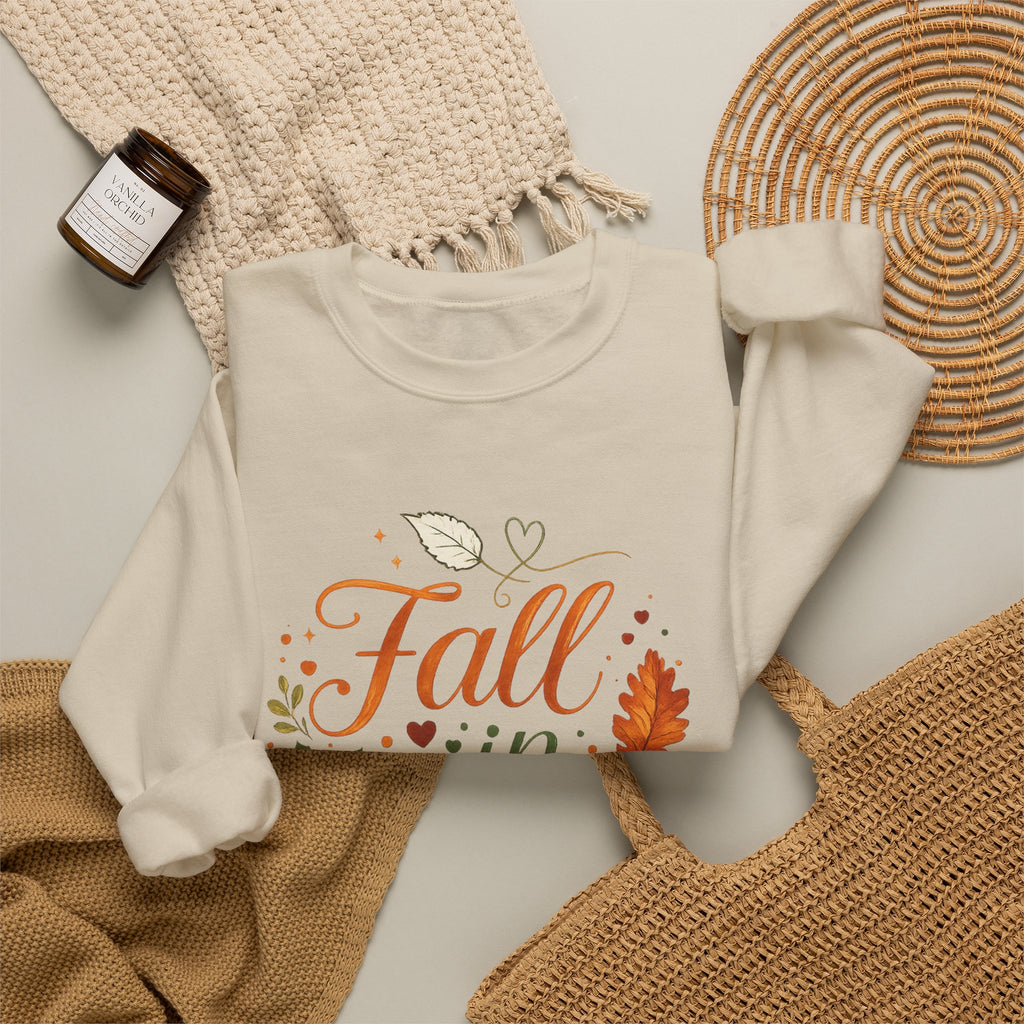 Fall in Love Sweatshirt — Autumn Pumpkin & Leaves Cozy Crewneck