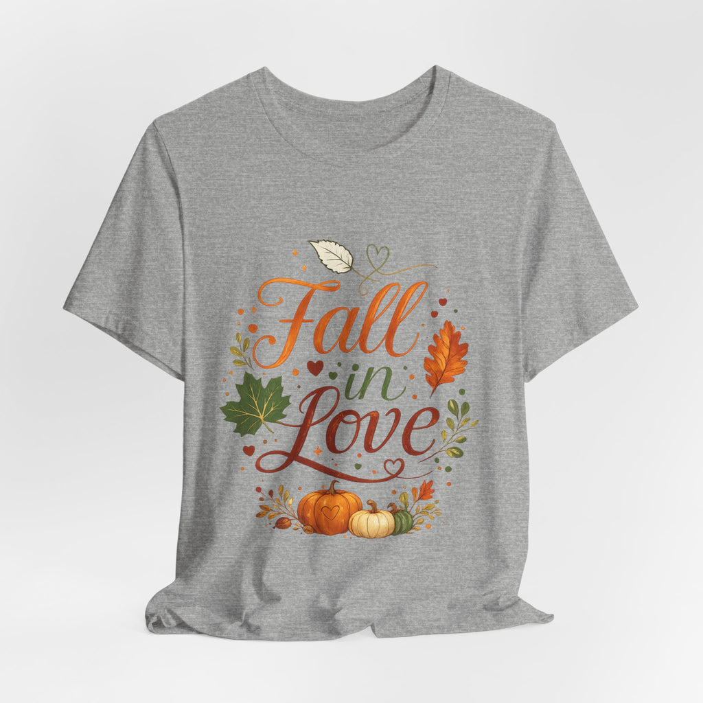 Fall in Love Tee — Autumn Pumpkin & Leaves Graphic Shirt