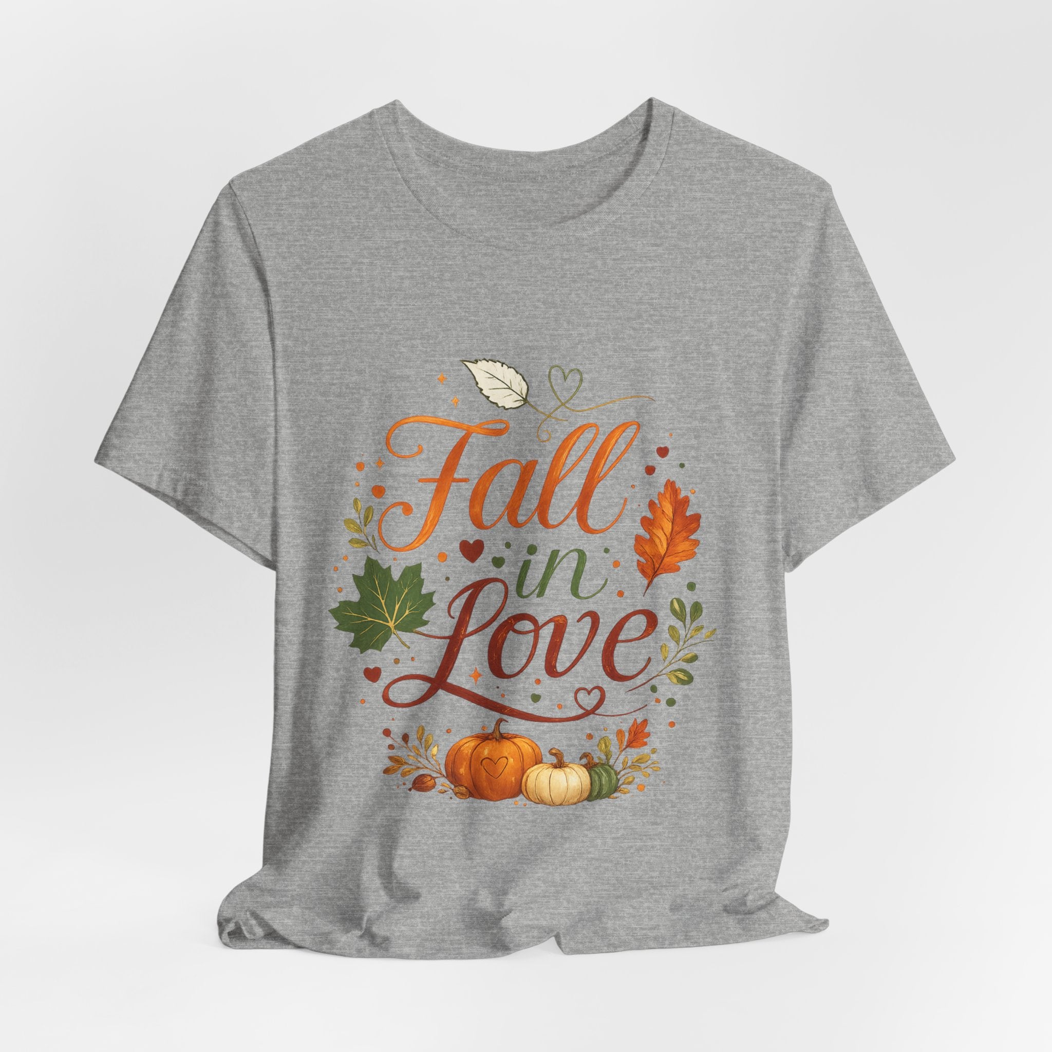 Fall in Love Tee — Autumn Pumpkin & Leaves Graphic Shirt
