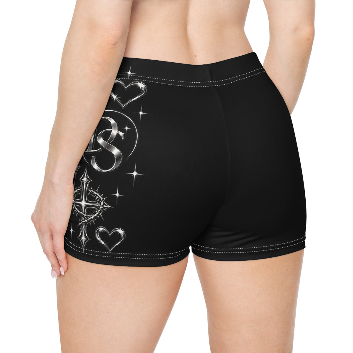 Black Shimmer Heart & Star Women's Athletic Shorts