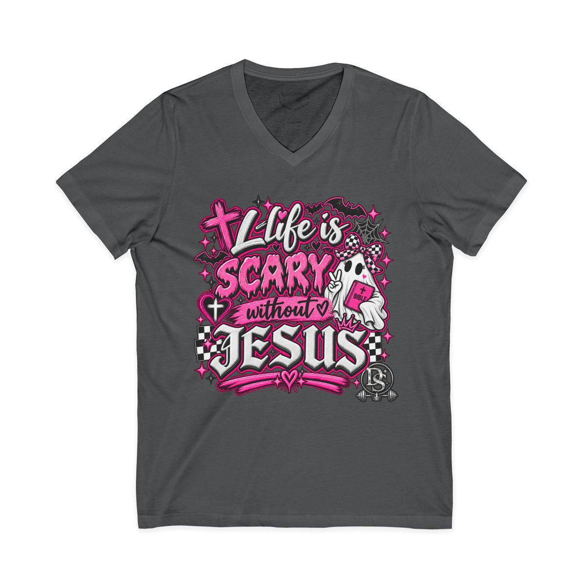Life Is Scary Without Jesus V-Neck Tee — Womens Faith Graphic T-Shirt