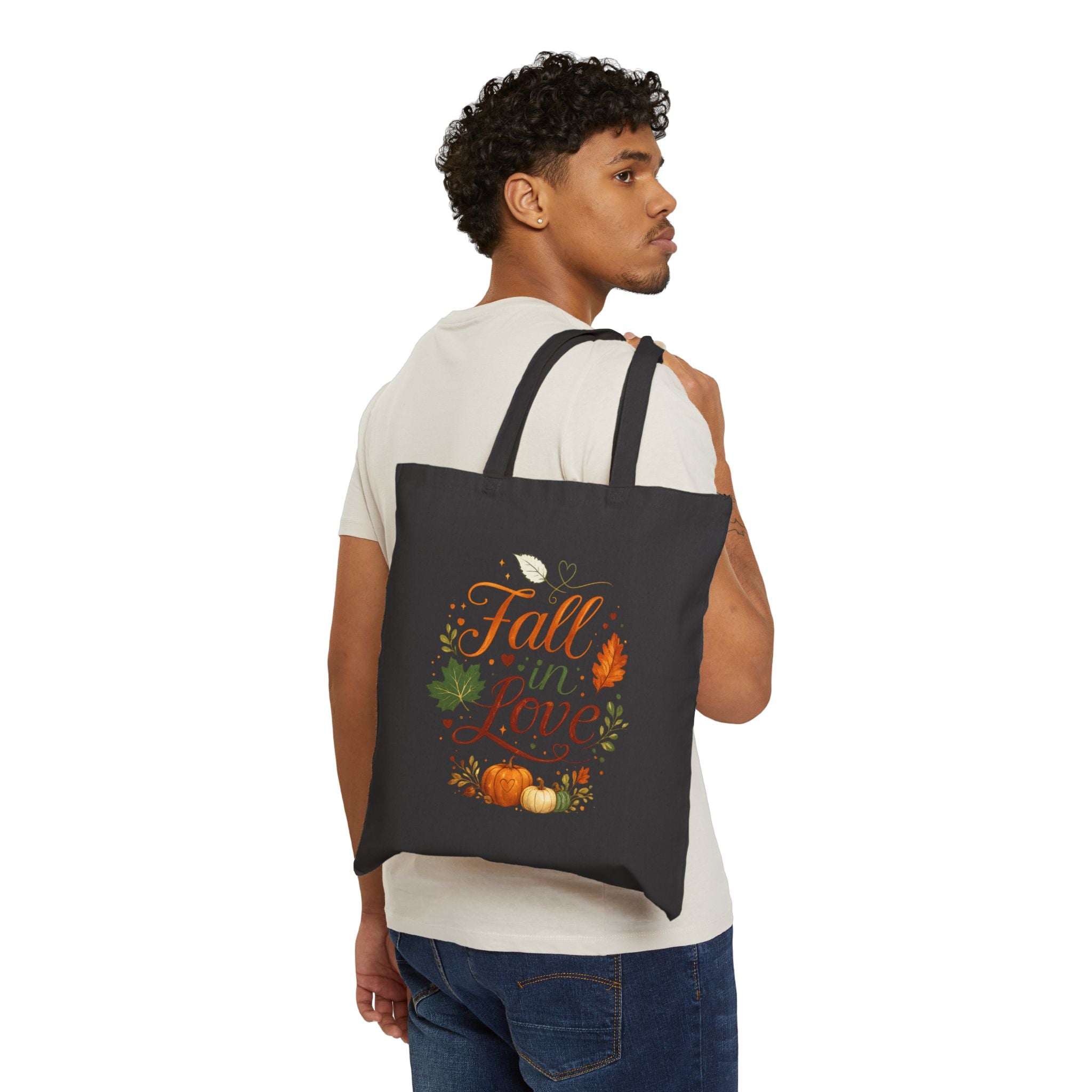 Fall in Love Canvas Tote — Autumn Pumpkin Leaves Grocery & Market Bag
