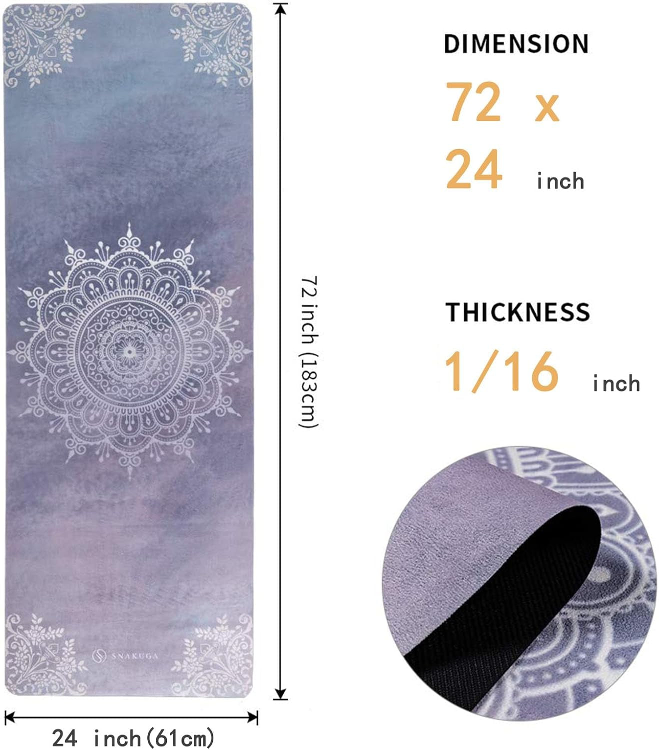 Travel Yoga Mat, Non Slip Exercise Suede Mat with Carry Bag, All-Purpose Fitness Mat with High Density Anti-Tear Surface for Women, Ideal for Pilates Workout (72'' X 24'' X 1.5Mm Thick)
